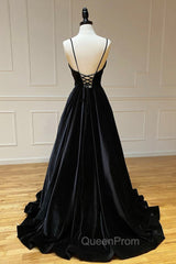 Black Velvet Long A-Line Evening Prom Dresses, V-Neck Backless Evening Dresses
