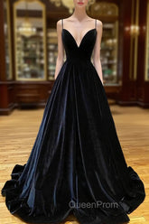 Black Velvet Long A-Line Evening Prom Dresses, V-Neck Backless Evening Dresses