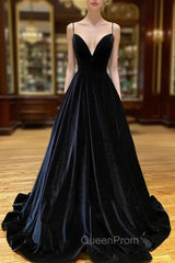 Black Velvet Long A-Line Evening Prom Dresses, V-Neck Backless Evening Dresses