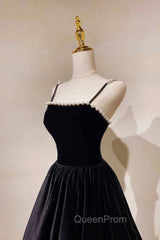 Black Velvet Long Evening Prom Dresses with Pearls, Black Spaghetti Straps Evening Party Dresses