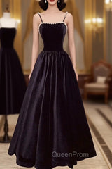 Black Velvet Long Evening Prom Dresses with Pearls, Black Spaghetti Straps Evening Party Dresses