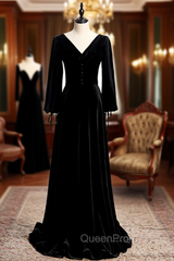 Black Velvet Long Sleeve Button Pleats Evening Prom Dresses
