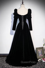 Black Velvet Long Sleeve Evening Prom Dresses, A-Line Evening Party Dresses