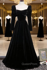 Black Velvet Long Sleeve Evening Prom Dresses, A-Line Evening Party Dresses