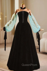 Black Velvet Long Sleeve Strapless Evening Prom Dresses