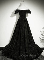 Black Velvet Off Shoulder A-Line Long Evening Prom Dresses, Black Simple Wedding Party Dresses