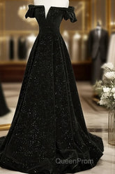 Black Velvet Off Shoulder A-Line Long Evening Prom Dresses, Black Simple Wedding Party Dresses