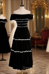 Black Velvet Off the Shoulder Pearls Short Evening Prom Dresses