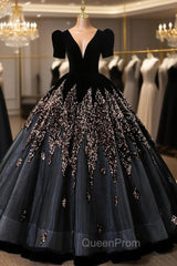 Black Velvet Sequins Short Sleeve Quinceanera Dresses