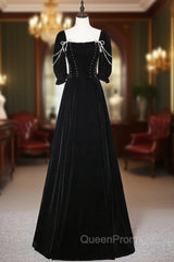 Black Velvet Short Sleeve Pearls Evening Prom Dresses
