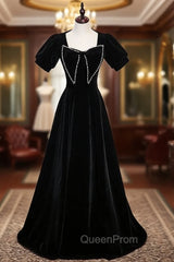 Black Velvet Short Sleeve Pearls Evening Prom Dresses