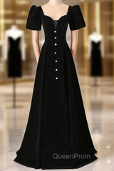 Black Velvet Short Sleeve Square Neck Evening Prom Dresses