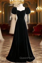 Black Velvet Short Sleeves Floor Length Long Evening Prom Dresses, Black Velvet Long Evening Dresses