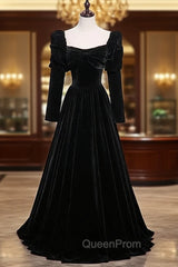 Black Velvet Square Bow Long Sleeve Evening Prom Dresses
