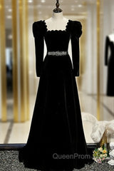 Black Velvet Square Long Sleeve Evening Prom Dresses With Belt