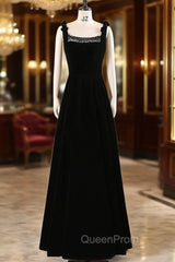 Black Velvet Straps Beading Evening Prom Dresses