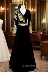 Black Velvet V-neck Long Sleeve Gold Beading Evening Prom Dresses