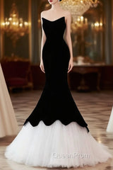 Black Velvet White Tulle Strapless Evening Prom Dresses