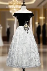 Black White Velvet Off the Shoulder Appliques Evening Prom Dresses