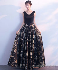 Black V Neck Floral Pattern Long Prom Dress, Evening Dress