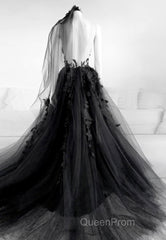 Black Lace Long Evening Prom Dresses, A-Line Backless Evening Dresses