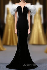 Black Velvet Mermaid Evening Prom Dresses with Feather, Off the Shoulder Long Evening Gown