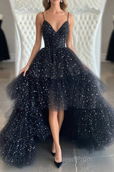 Bling Bling V Neck High Low Black Long Evening Prom Dresses, Fluffy Black Formal Evening Dresses, Ball Gown