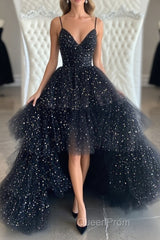 Bling Bling V Neck High Low Black Long Evening Prom Dresses, Fluffy Black Formal Evening Dresses, Ball Gown