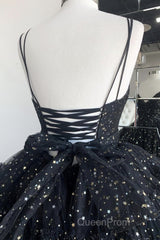 Bling Bling V Neck High Low Black Long Evening Prom Dresses, Fluffy Black Formal Evening Dresses, Ball Gown