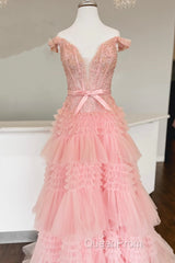 Off the Shoulder Red Appliques Tiered Long Formal Dresses