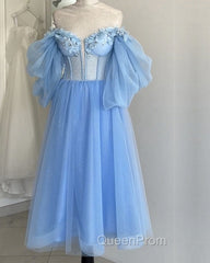 Blue A-Line Midi Tulle Corset Dresses With Puffy Sleeves