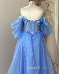 Blue A-Line Midi Tulle Corset Dresses With Puffy Sleeves