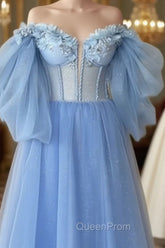 Blue A-Line Midi Tulle Corset Dresses With Puffy Sleeves