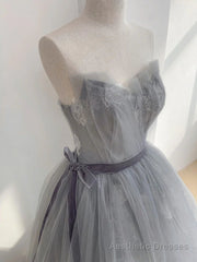 A Line Strapless Appliques Gray Tulle Long Prom Dress Evening Dress