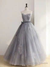 A Line Strapless Appliques Gray Tulle Long Prom Dress Evening Dress