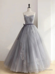 A Line Strapless Appliques Gray Tulle Long Prom Dress Evening Dress