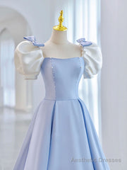 Blue A-Line Satin Long Prom Dresses, Blue Satin Formal Evening Dress