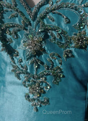 Blue A-Line Spaghetti Straps Satin Beaded Long Evening Prom Dresses Sweetheart Neck Applique Graduation Evening Prom Dresses