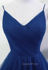 Blue A-line Straps Tulle Layers Long Party Dresses, Blue Long Evening Prom Dresses