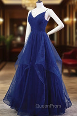 Blue A-line Straps Tulle Layers Long Party Dresses, Blue Long Evening Prom Dresses