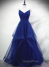 Blue A-line Straps Tulle Layers Long Party Dresses, Blue Long Evening Prom Dresses