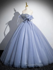 Blue A-Line Tulle Beads Long Evening Prom Dresses, Blue Long Formal Dresses