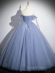 Blue A-Line Tulle Beads Long Evening Prom Dresses, Blue Long Formal Dresses