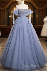 Blue A-Line Tulle Beads Long Evening Prom Dresses, Blue Long Formal Dresses