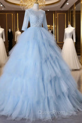 Blue A-Line Tulle Lace Long Evening Prom Dresses, Blue Lace Evening Dresses