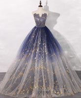 Blue A line Tulle Lace Long Evening Prom Dresses, Tulle Evening Blue Graduation Dresses