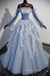 Blue A-Line Tulle Lace Long Evening Prom Dresses, Blue Formal Evening Dresses