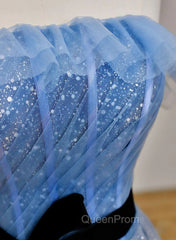 Blue A-Line Tulle Long Party Dresses With Belt, Blue Evening Dresses Evening Prom Dresses