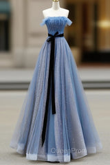 Blue A-Line Tulle Long Party Dresses With Belt, Blue Evening Dresses Evening Prom Dresses