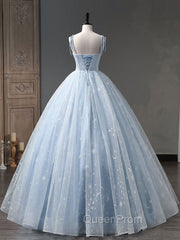Blue A-Line Tulle Long Evening Prom Dresses, Blue Evening Sweet 16 Dresses